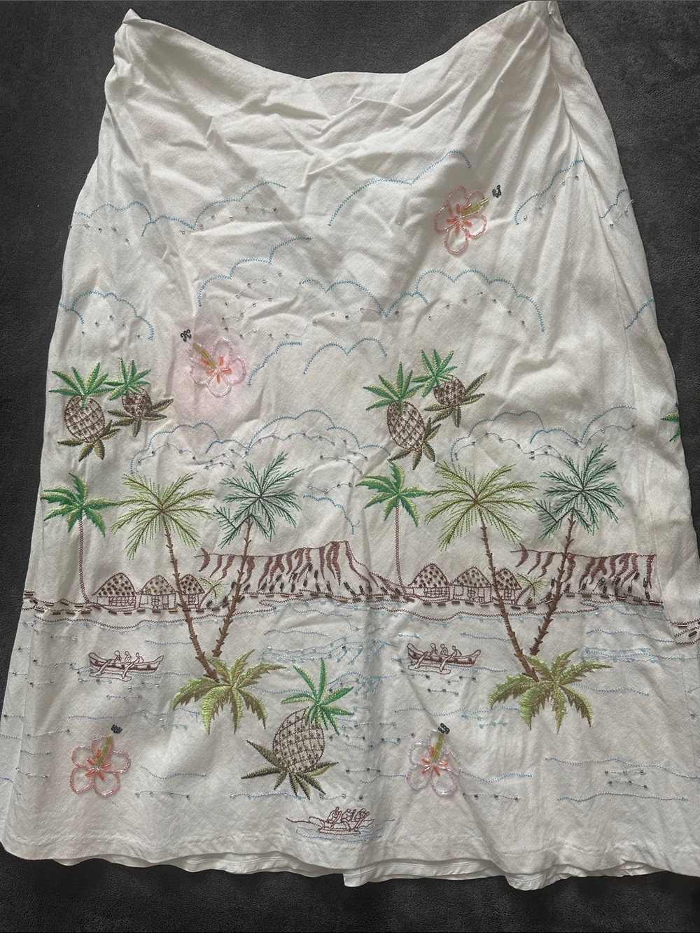 White Embroidered Tropical Midi Skirt with Palm & Pineapple Motif